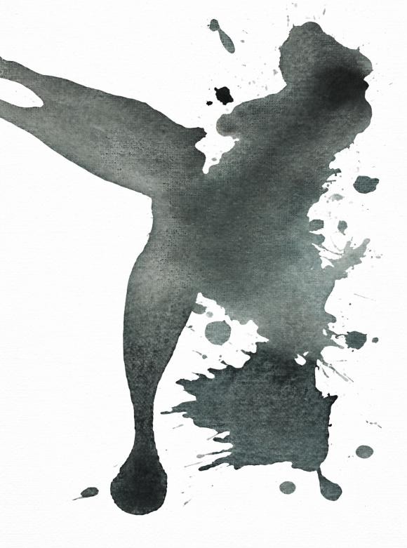 Deep green-black ink figure with splatter detail