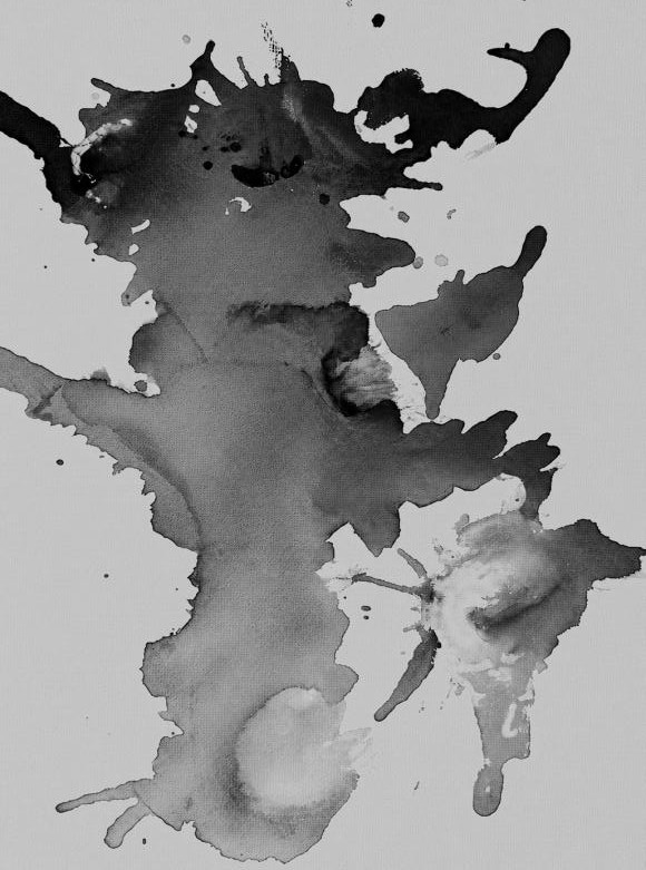 Fluid grey ink form spreading across a pale landscape field