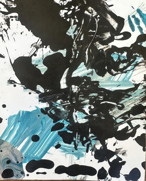 Sweeping black brushwork with pale blue accents in landscape format