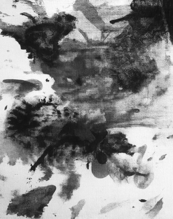 Monochrome ink artwork with dispersed black bloom across textured ground