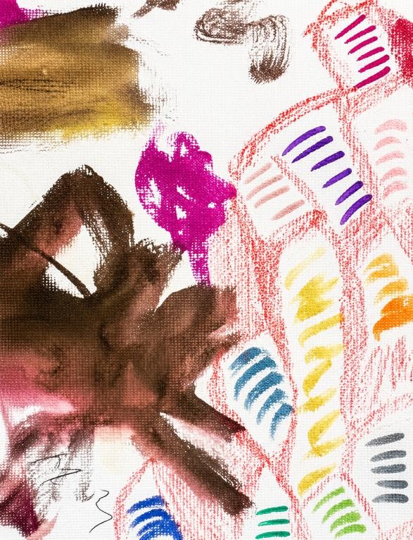 Abstract composition in magenta, ochre and umber with pastel marks