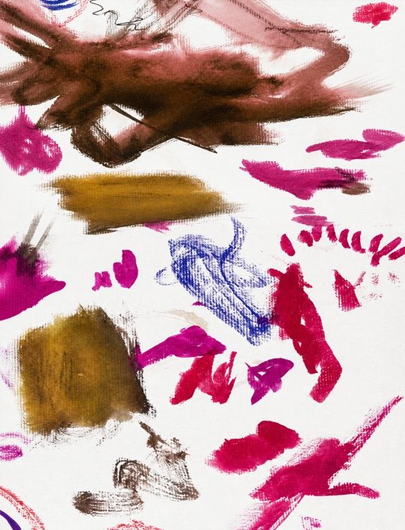 Loose gestural marks in pink, brown and gold on white